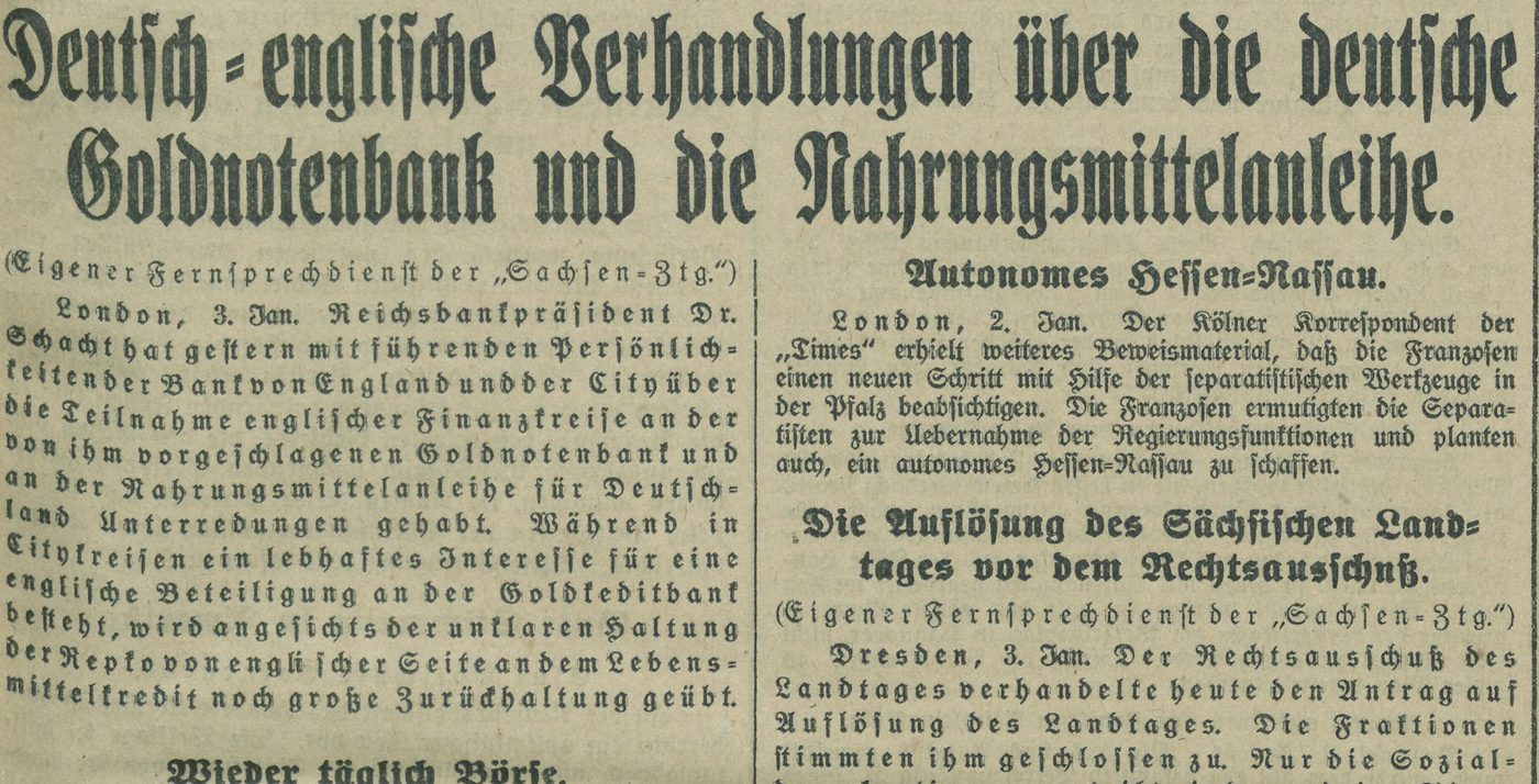 Fraktur-Zeitungsseite von 1924: Schlagzeile in Auszeichnungsfraktur, darunter zwei Spalten Fließsatz mit Sperrdruck