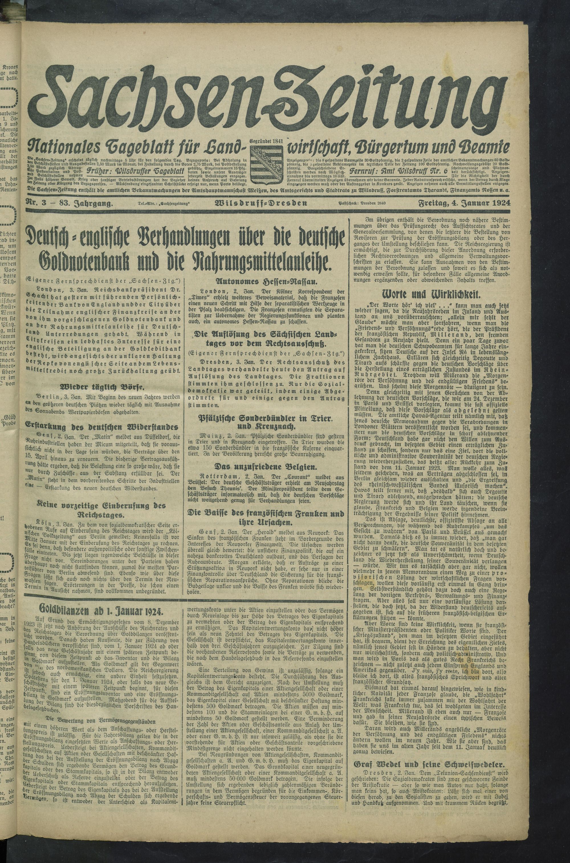 Faksimile der Sachsen-Zeitung vom 4. Januar 1924, Seite 1